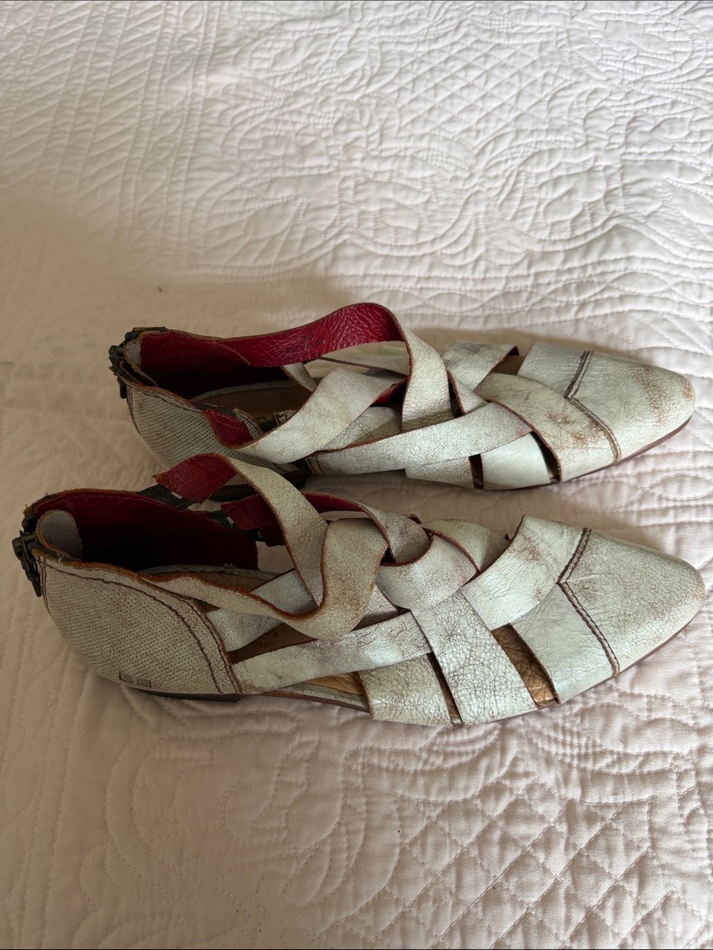 Bed Stu White Woven Leather Flats with Red Interior. Size 9